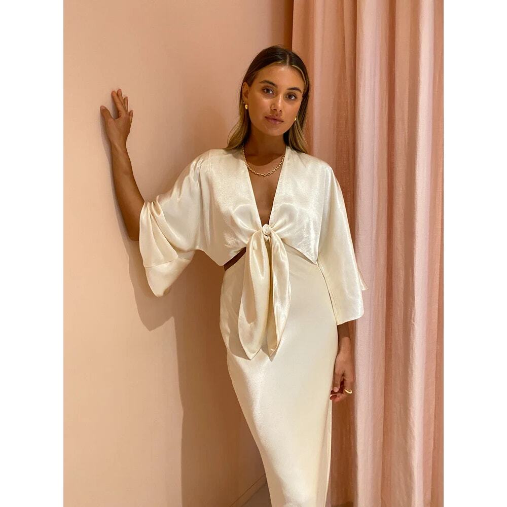 Shona Joy La Lune Tie Front Bias Midi Dress Cream - Picture 8 of 14